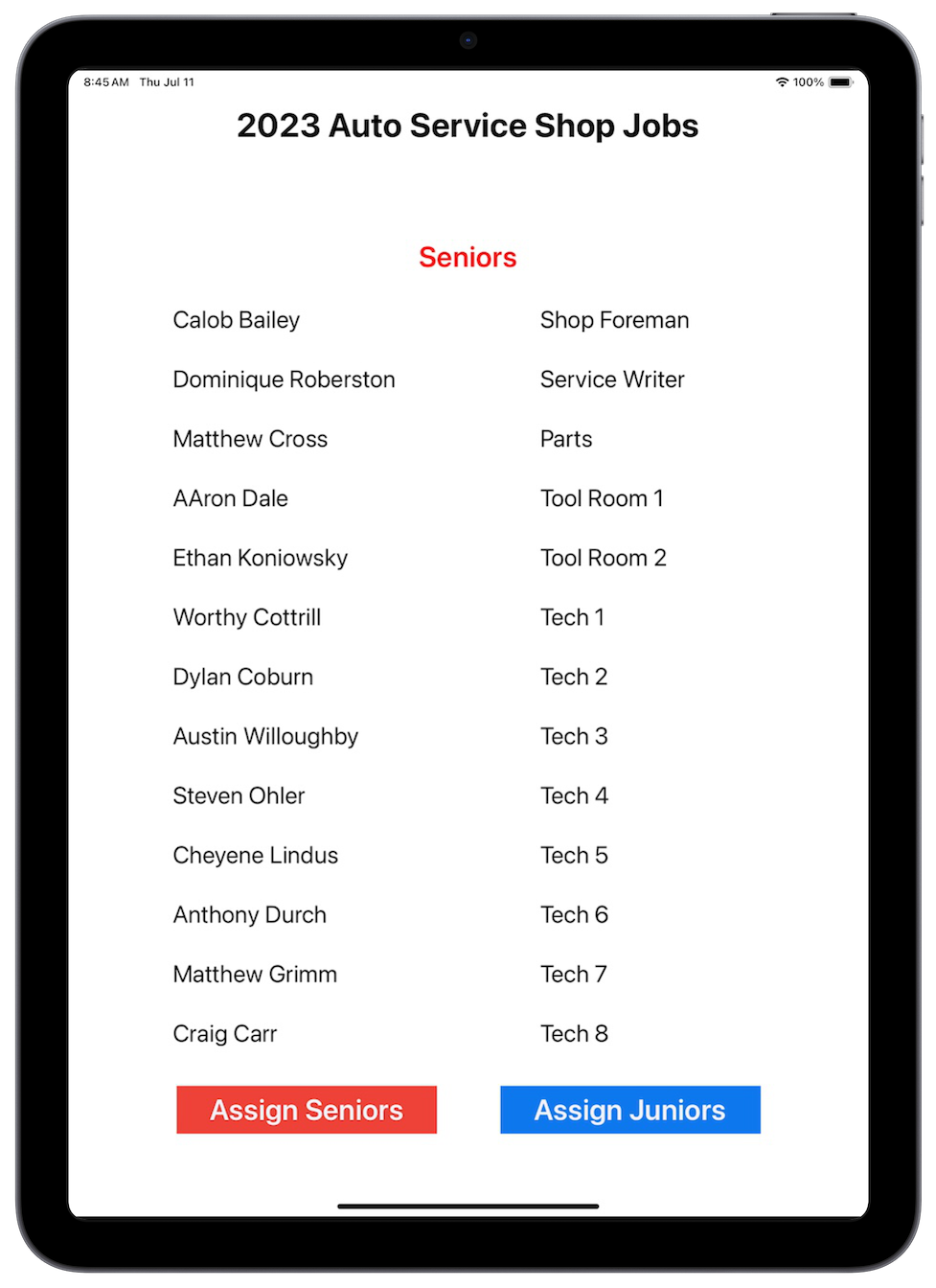 A single-view iOS app made exclusively for the Trumbull Career and Technical Center Auto service teacher. The app randomly assigns jobs in the auto service labs to the students in the class. There is one button to assign the 12th-grade students and another to assign the 11th-grade students. The app was made as a custom app for the school. So, it is only available to view and download from the school's mobile device management software.