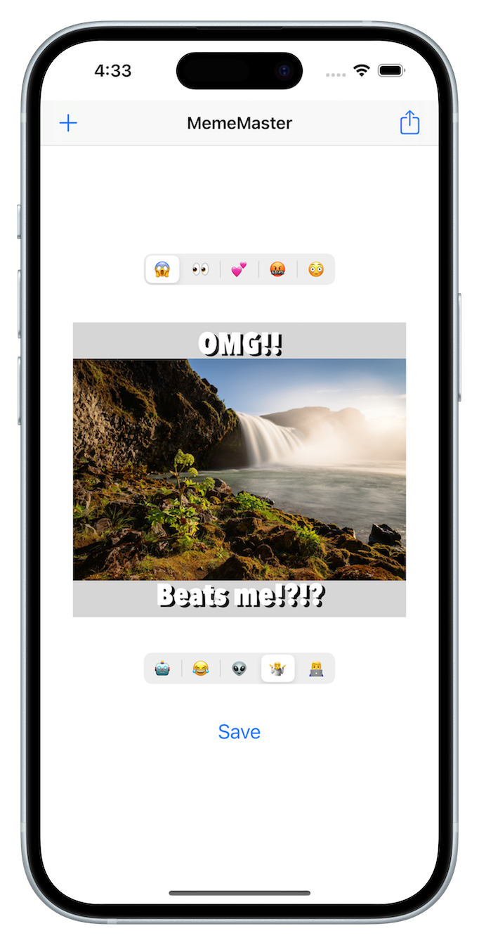 A single-view app where the user can choose a photo from their Photo Library and apply one of five phrases for the top and bottom of the photo. This app is an extension of the MemeMaker app created as part of Apple's Develop in Swift AP CS Principles course and Develop in Swift Explorations course. The project can be found in Unit 4 starting on page 384 in the Student book and starting on page 589 in the Teacher Guide. I built this app to give my students a more robust app building experience and exposure to Apple's camera and photos APIs.