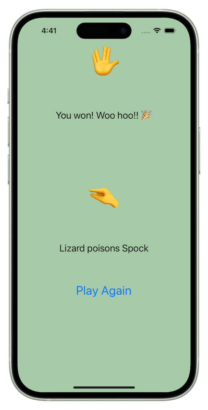 A single-view app where the user plays the game ROCK PAPER SCISSORS LIZARD SPOCK against the iOS device. ROCK PAPER SCISSORS LIZARD SPOCK is a game invented by Sam Kass and Karen Bryla.This app is an extension of the rock, paper, scissors game app created as part of Apple's Develop in Swift AP CS Principles course and Develop in Swift Explorations course. The project can be found in Unit 4 starting on page 368 in the Student book and starting on page 571 in the Teacher Guide. I built this app to provide my students another fun and engaging app building learning experience.