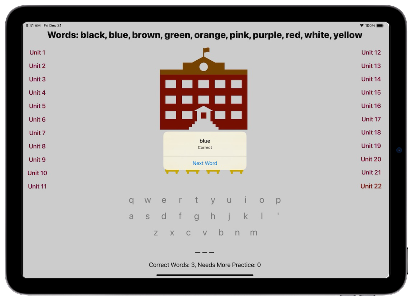 A single-screen iPad app that enables teachers and parents to help their children deepen their knowledge of their basic sight words by having them spell them. Words are randomly chosen from each unit and can be displayed multiple times. Learning sight words is one of the critical first steps for a child to learn to read.